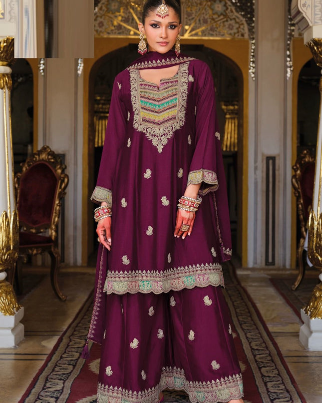 Heavy Chinon Embroidered Ensemble | Top, Dupatta & Palazzo Set