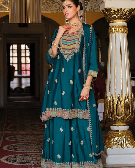 Heavy Chinon Embroidered Ensemble | Top, Dupatta & Palazzo Set