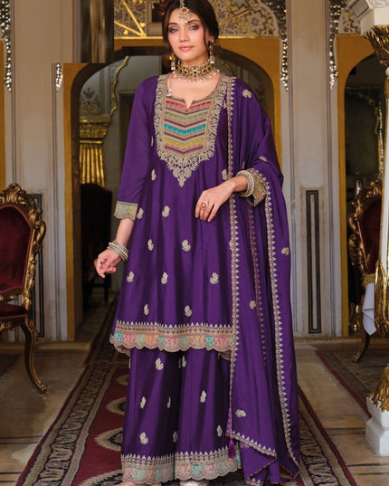 Heavy Chinon Embroidered Ensemble | Top, Dupatta & Palazzo Set