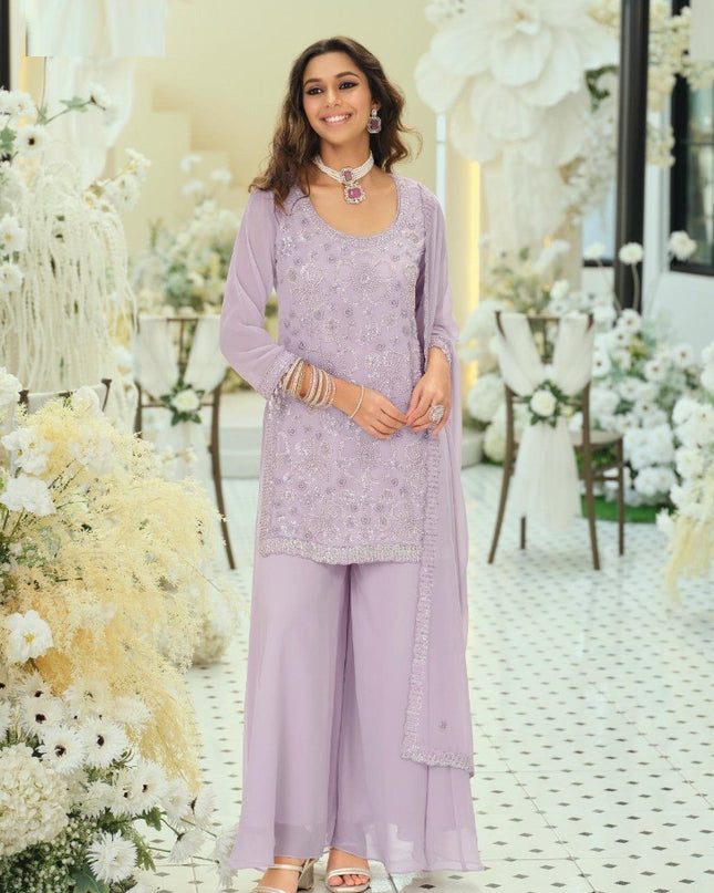 Georgette Ensemble with Beads Work | Top, Dupatta & Palazzo Set