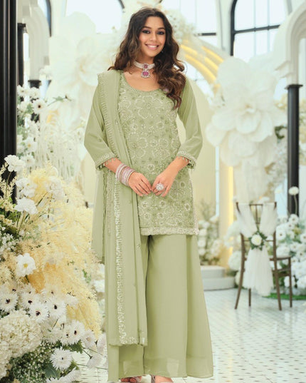 Georgette Ensemble with Beads Work | Top, Dupatta & Palazzo Set