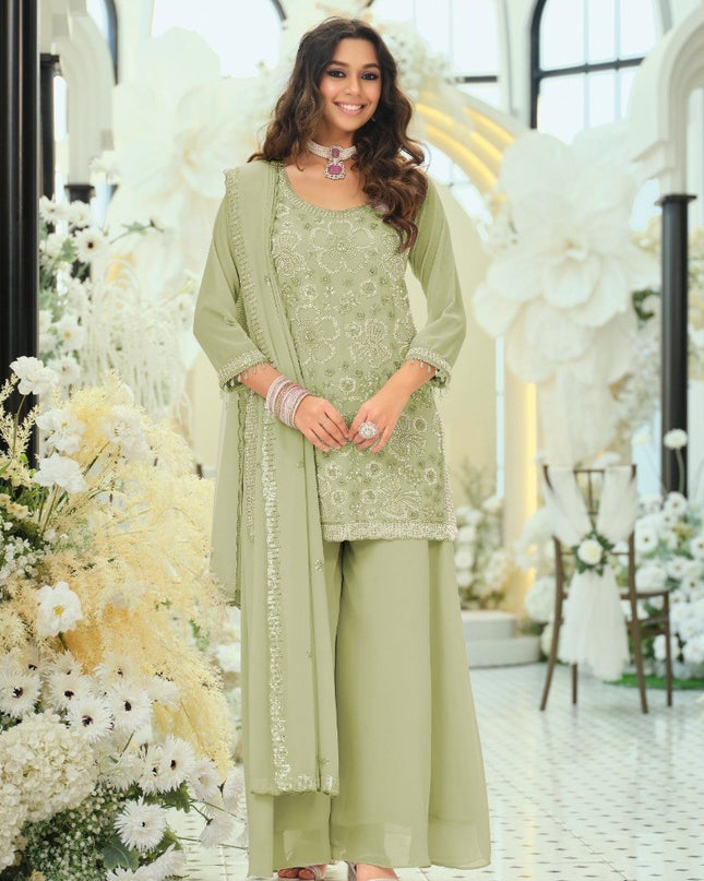 Georgette Ensemble with Beads Work | Top, Dupatta & Palazzo Set