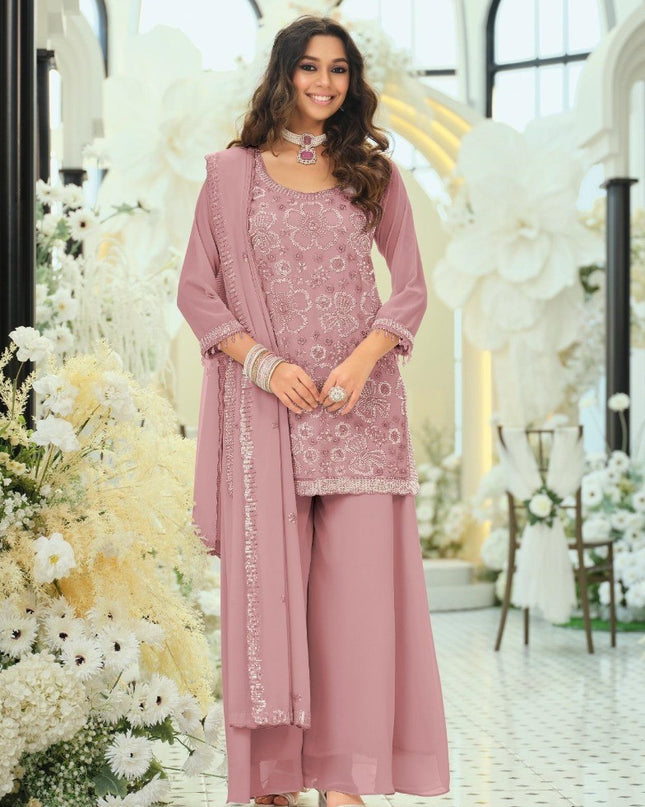 Georgette Ensemble with Beads Work | Top, Dupatta & Palazzo Set