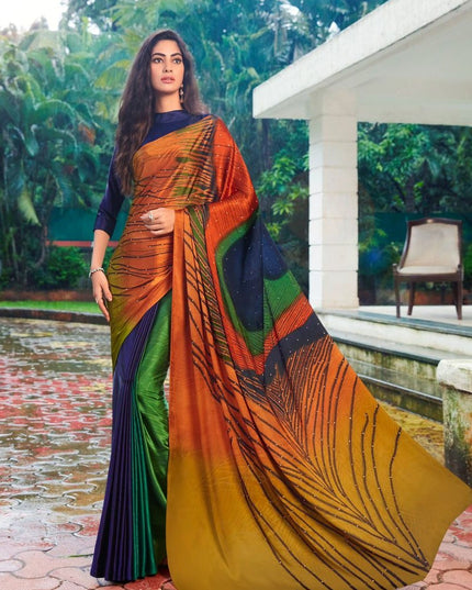 Satin Silk Saree with Exclusive Hand Print & Stone Diamond Work