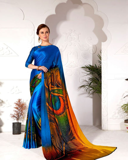 Satin Silk Saree with Exclusive Hand Print & Stone Diamond Work