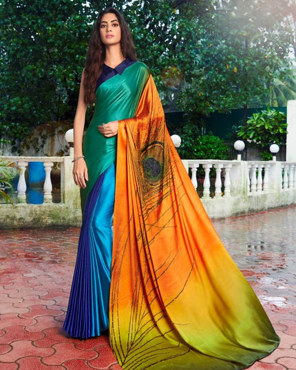 Satin Silk Saree with Exclusive Hand Print & Stone Diamond Work