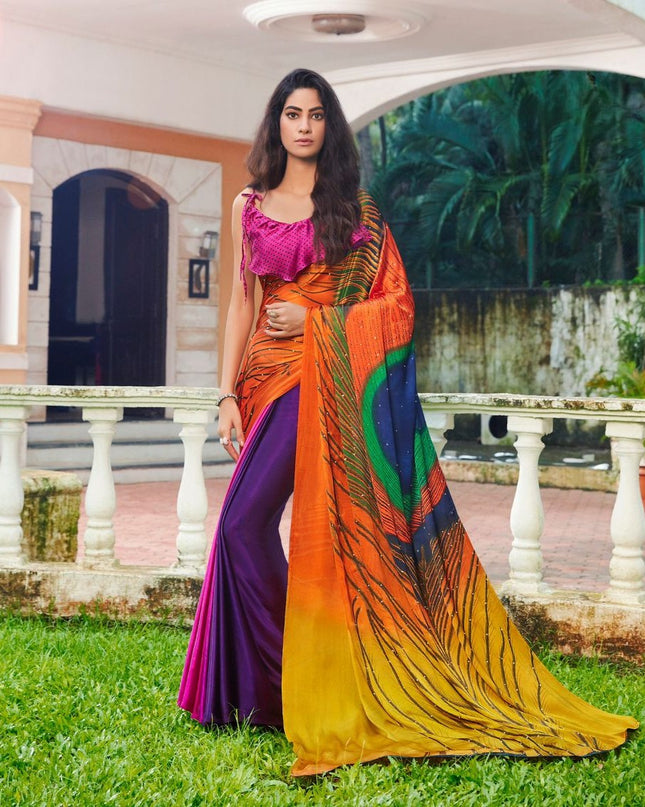 Satin Silk Saree with Exclusive Hand Print & Stone Diamond Work