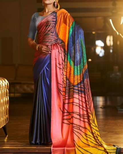 Satin Silk Saree with Exclusive Hand Print & Stone Diamond Work