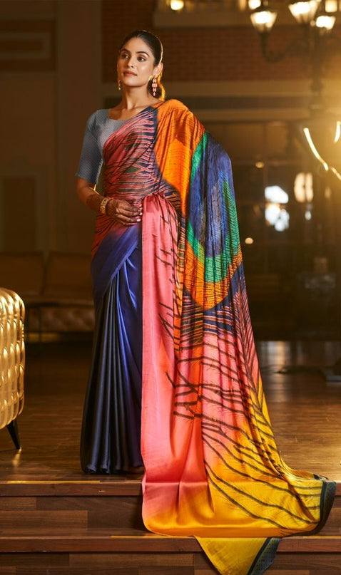 Satin Silk Saree with Exclusive Hand Print & Stone Diamond Work