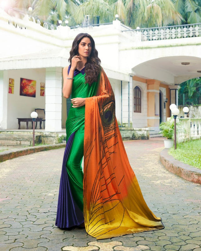 Satin Silk Saree with Exclusive Hand Print & Stone Diamond Work