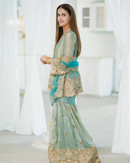 Premium Embroidered Fendy Silk Kurti Sharara Set with Flared Sharara and Sequined Dupatta