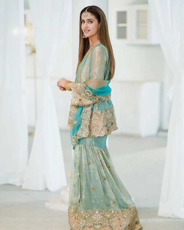 Premium Embroidered Fendy Silk Kurti Sharara Set with Flared Sharara and Sequined Dupatta