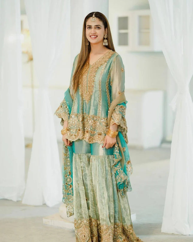 Premium Embroidered Fendy Silk Kurti Sharara Set with Flared Sharara and Sequined Dupatta