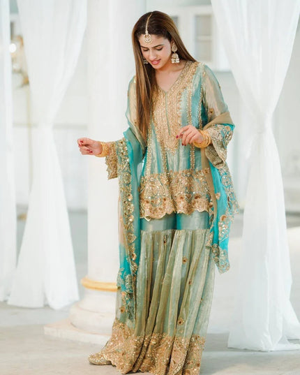 Premium Embroidered Fendy Silk Kurti Sharara Set with Flared Sharara and Sequined Dupatta