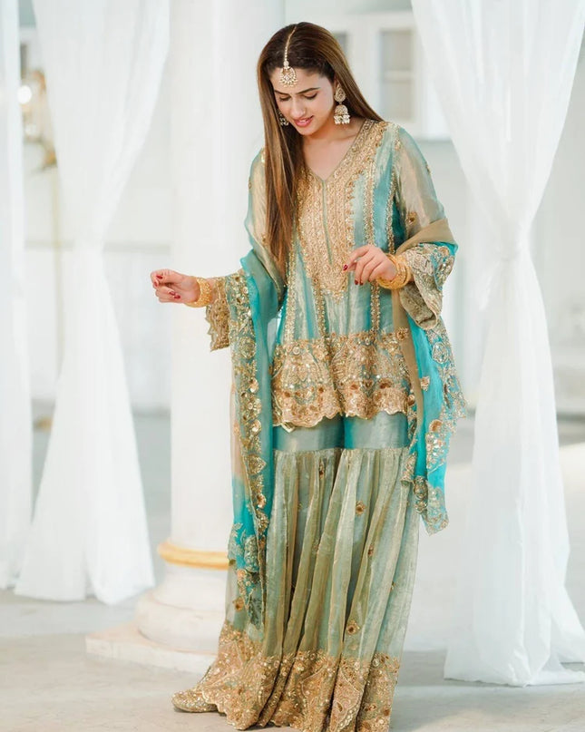 Premium Embroidered Fendy Silk Kurti Sharara Set with Flared Sharara and Sequined Dupatta