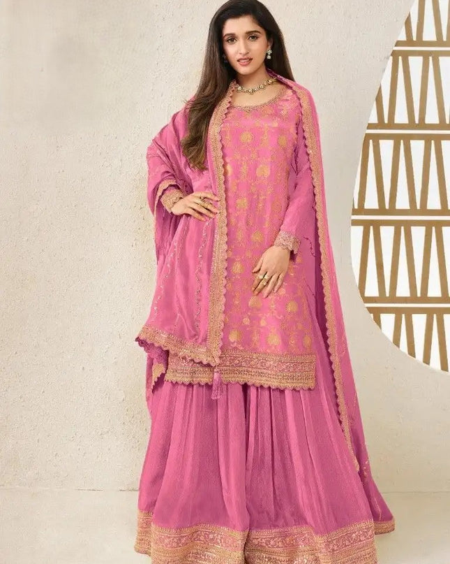 Pink Kurta Palazzo Set Chinon Jacquard with Embroidery Work