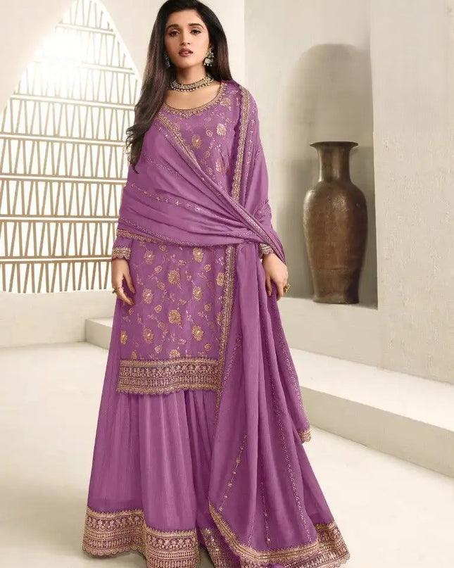Purple Kurta Palazzo Set Chinon Jacquard with Embroidery Work