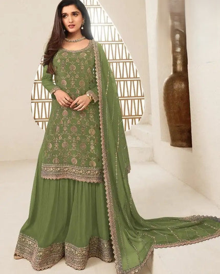 Green Kurta Palazzo Set Chinon Jacquard with Embroidery Work