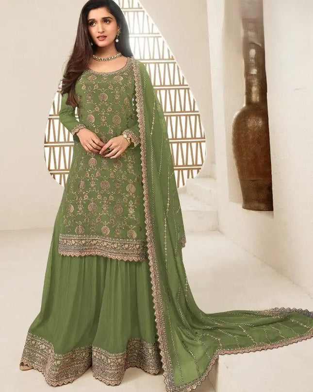 Green Kurta Palazzo Set Chinon Jacquard with Embroidery Work
