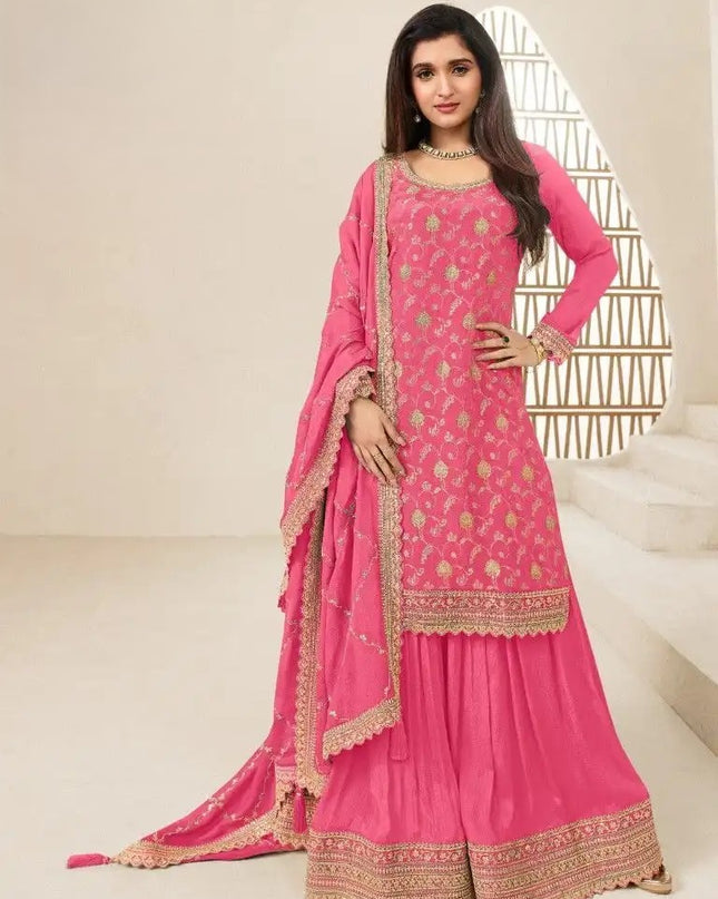Pink Kurta Palazzo Set Chinon Jacquard with Embroidery Work