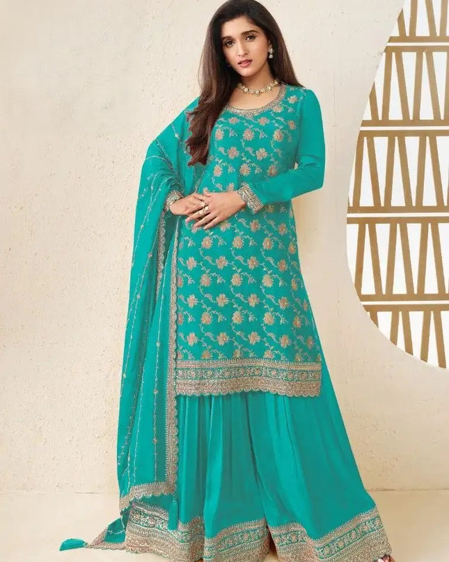 Sky Blue Kurta Palazzo Set Chinon Jacquard with Embroidery Work