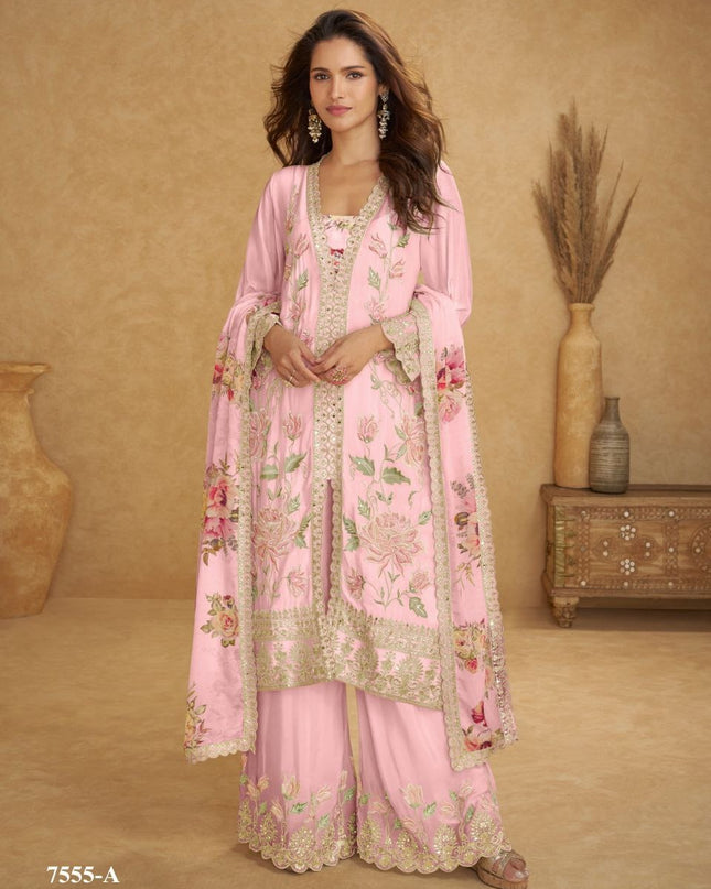 Elegant Chinon Sequins and Mirror Work Kurta Palazzo Set