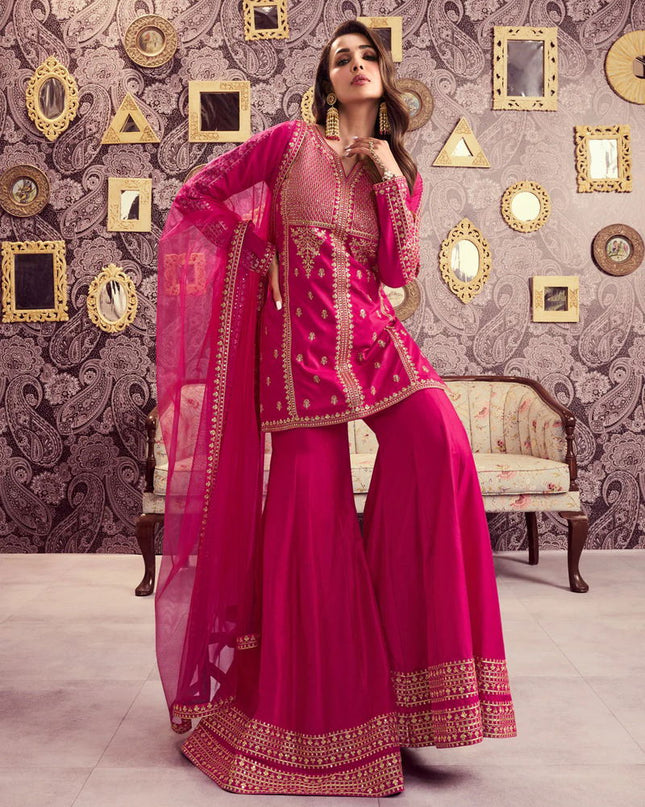 Pink Pure Viscose Chanderi Silk Kurta Set with Embroidery Sequence Work