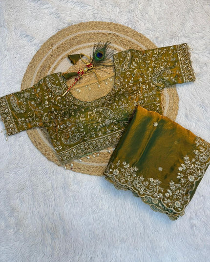 Premium Pure Space Silk Saree With Zari Sequence Mango Design Embrodairy Work