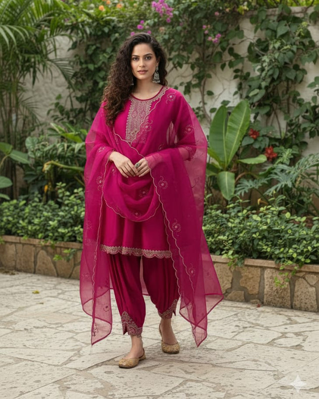 Pink Stylish Top with Dhoti and Dupatta | Heavy Vichitra Silk with Embroidery Sequence Work