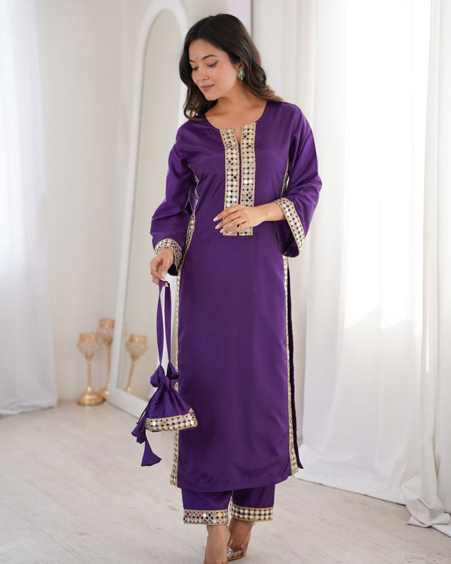 Purple Readymade Kurti-Pant with Batwa | Natural Crepe Real Mirror Lace Work