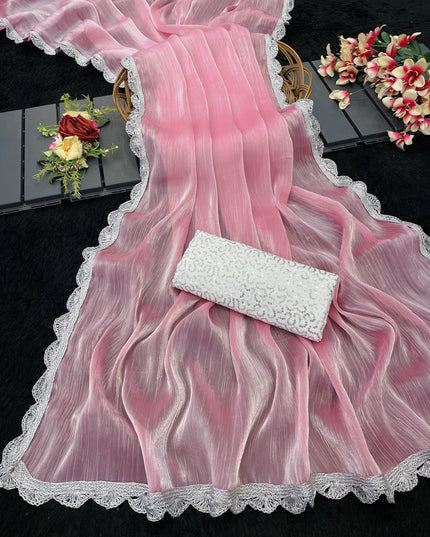 Jimmy Choo Saree with Premium Silver Lace Border & Sequins Embroidered Blouse Piece