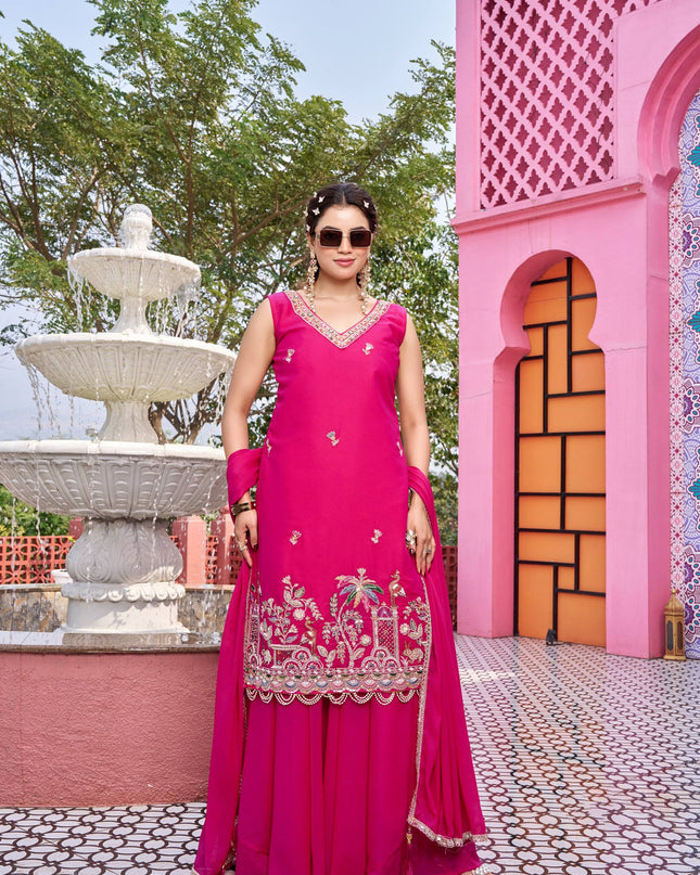 Pure Star Georgette Kurti Palazzo Set with Moti Beads & Sequin Embroidery | Designer