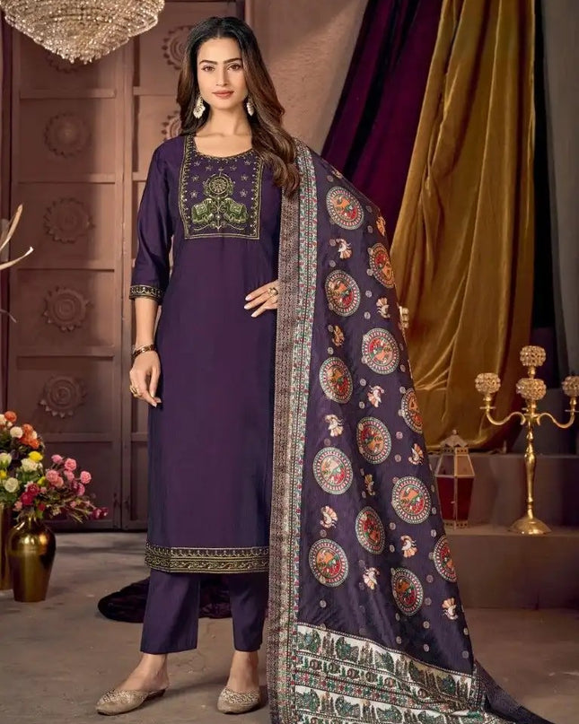 Vertical Silk Kurti Pant Dupatta Set with Heavy Embroidery Sequence Work