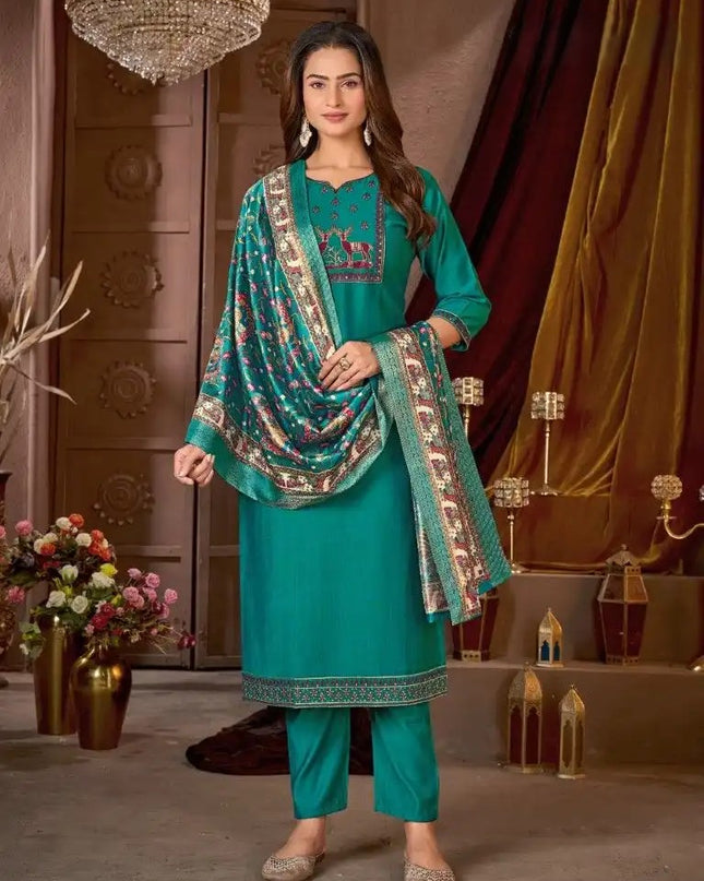 Vertical Silk Kurti Pant Dupatta Set with Heavy Embroidery Sequence Work