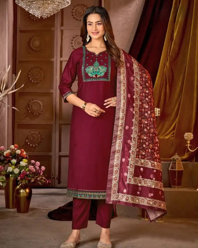 Vertical Silk Kurti Pant Dupatta Set with Heavy Embroidery Sequence Work