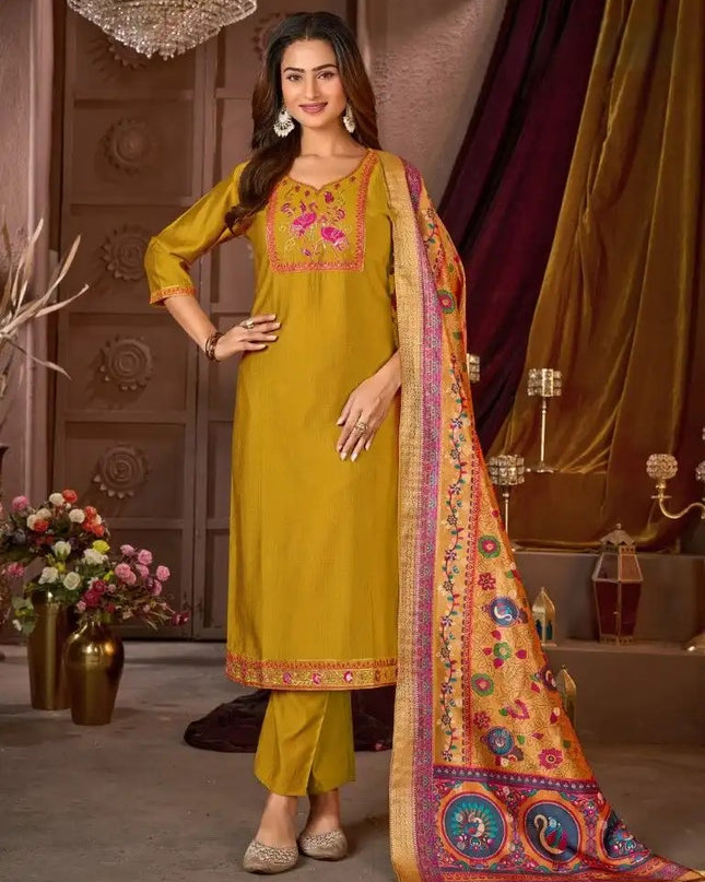 Vertical Silk Kurti Pant Dupatta Set with Heavy Embroidery Sequence Work