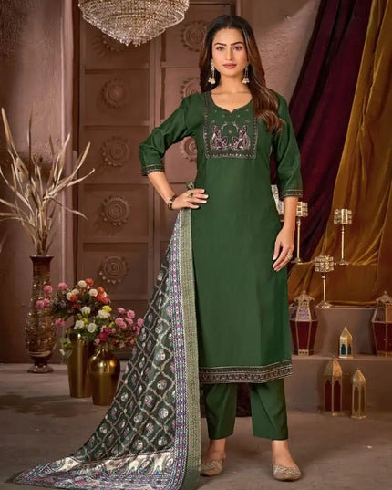 Vertical Silk Kurti Pant Dupatta Set with Heavy Embroidery Sequence Work