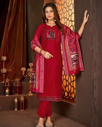 Vertical Silk Kurti Pant Dupatta Set with Heavy Embroidery Sequence Work