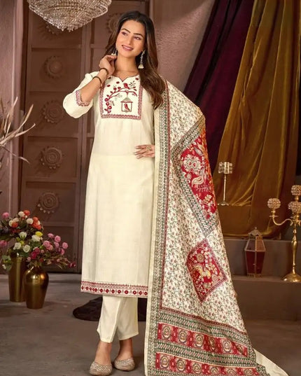 Vertical Silk Kurti Pant Dupatta Set with Heavy Embroidery Sequence Work