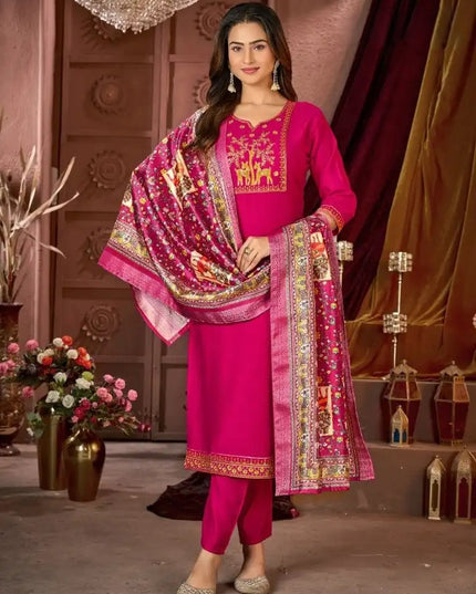 Vertical Silk Kurti Pant Dupatta Set with Heavy Embroidery Sequence Work