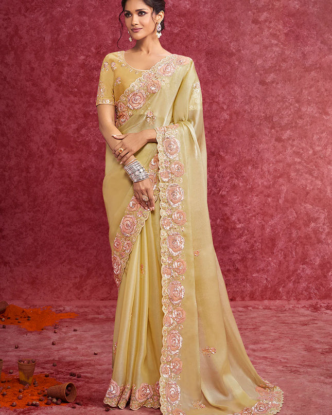 Opulent Yellow Galaxy Fabric Saree with Elegant Floral Embroidery for Celebrations