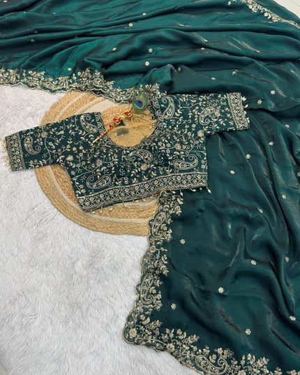 Premium Pure Space Silk Saree With Zari Sequence Mango Design Embrodairy Work