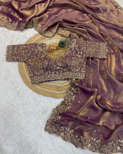 Premium Pure Space Silk Saree With Zari Sequence Mango Design Embrodairy Work