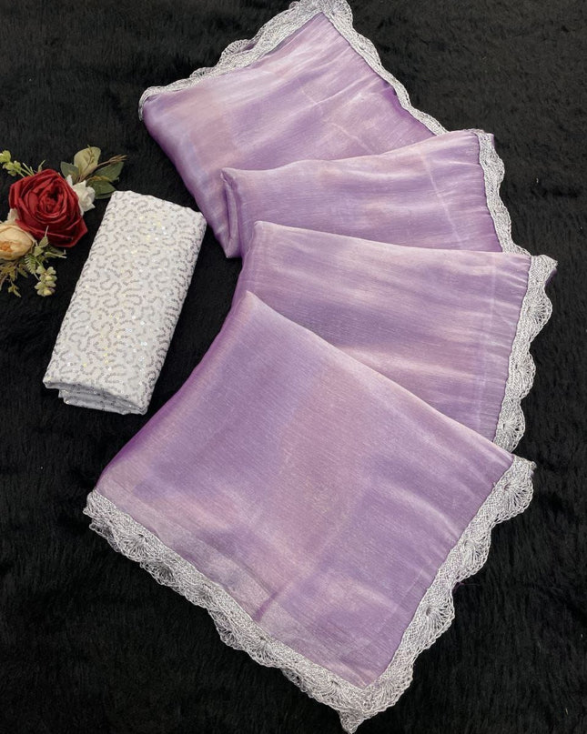 Jimmy Choo Saree with Premium Silver Lace Border & Sequins Embroidered Blouse Piece