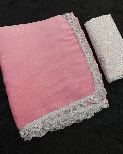 Jimmy Choo Saree with Premium Silver Lace Border & Sequins Embroidered Blouse Piece