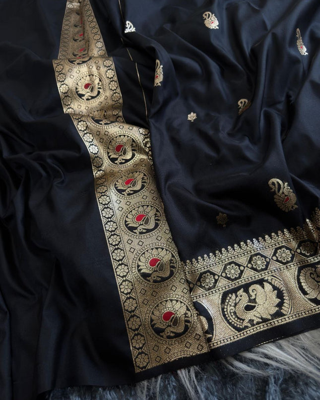 Premium Classic Black Banarasi Bomkai Silk Saree with Rich Zari Weaving