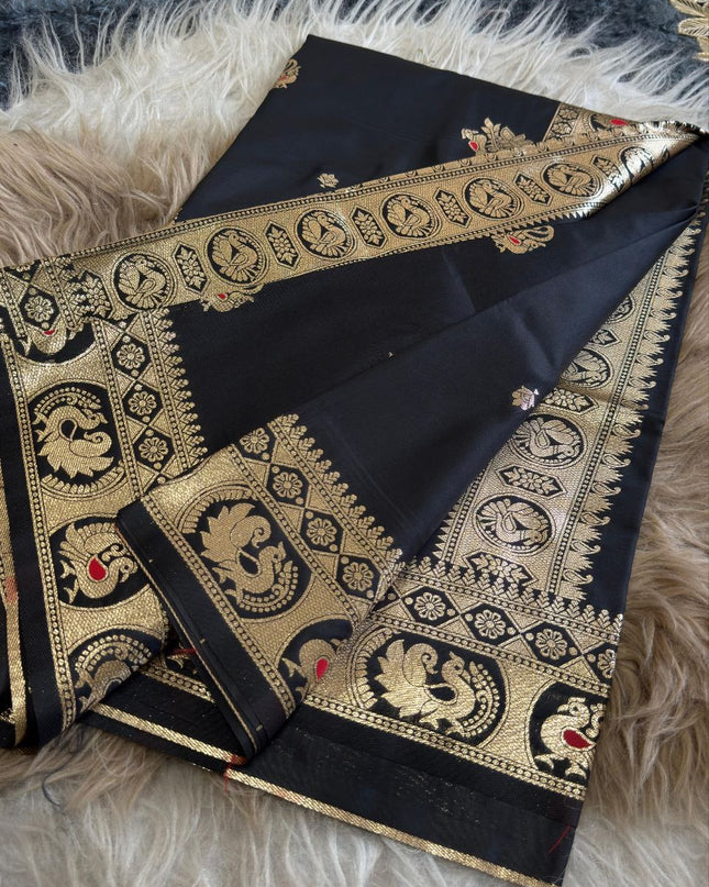 Premium Classic Black Banarasi Bomkai Silk Saree with Rich Zari Weaving