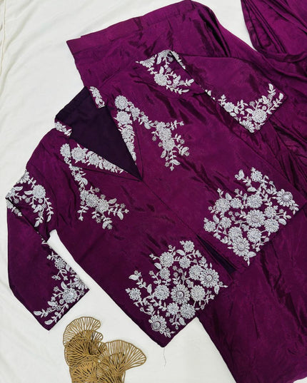 Designer Ready-to-Wear Drape Chinnon Silk Saree with Embroidered Jacket Blouse