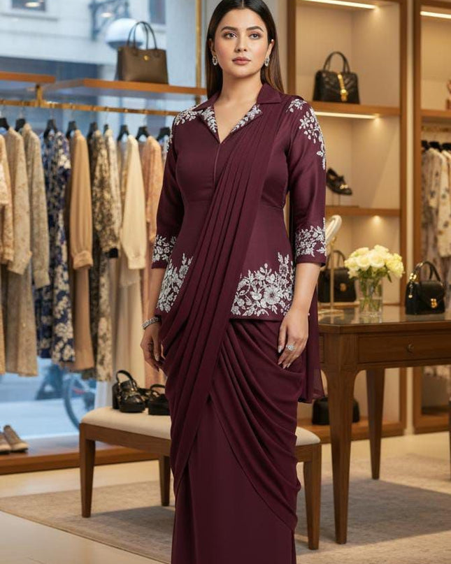 Designer Ready-to-Wear Drape Chinnon Silk Saree with Embroidered Jacket Blouse