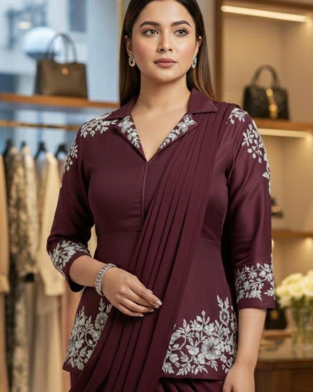 Designer Ready-to-Wear Drape Chinnon Silk Saree with Embroidered Jacket Blouse